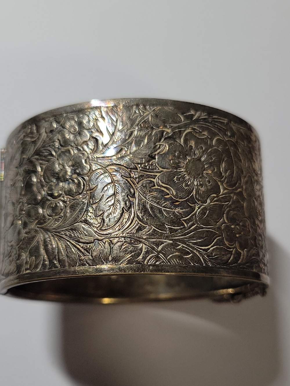 Vintage Engraved Floral Wide Cuff Bracelet in Silver Tone